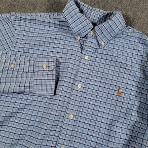 Ralph Lauren Shirt Mens Large Blue Plaid Slim Fit Stretch Oxford Flesh Pony